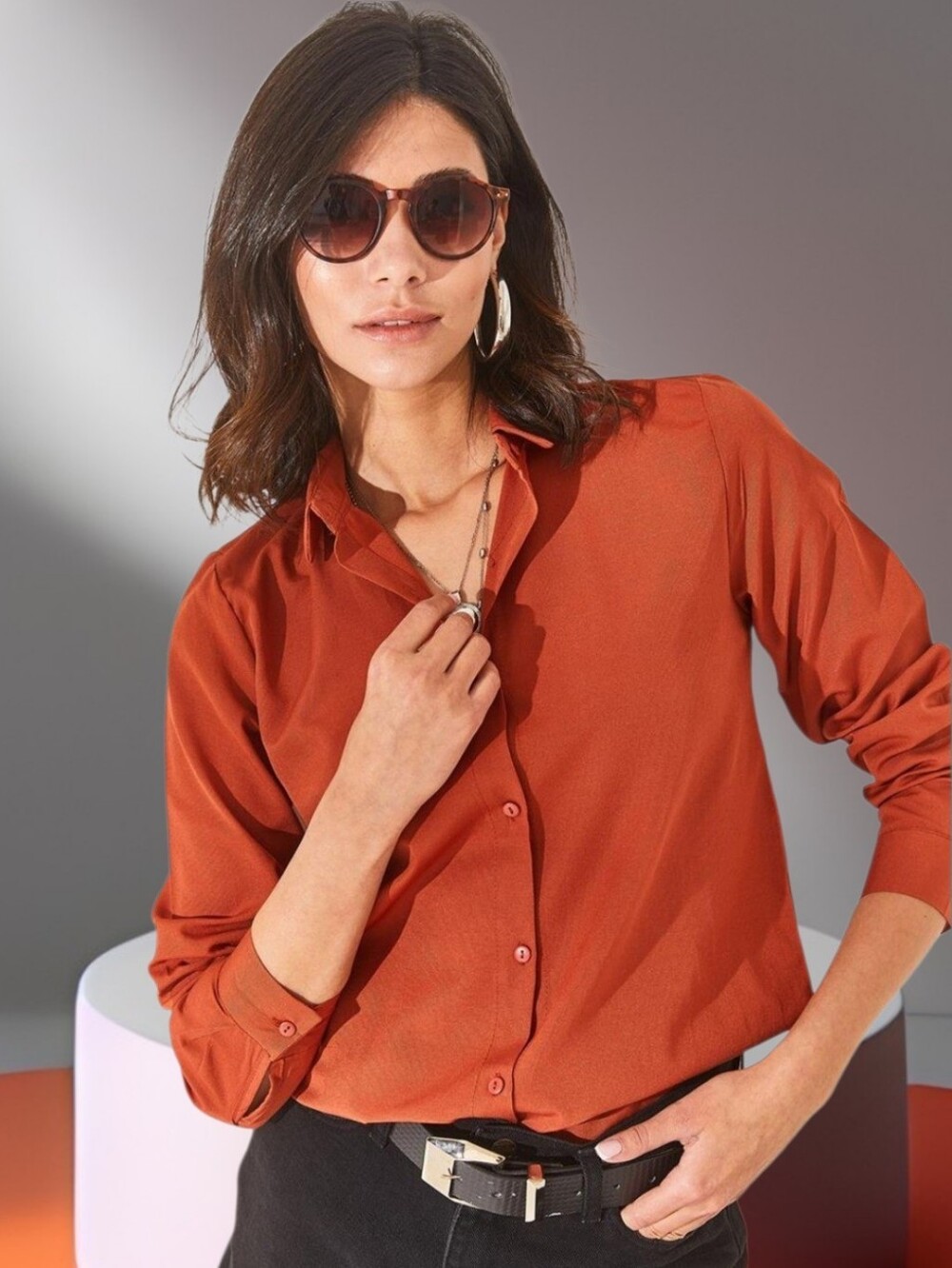 Women Solid Casual Orange Vintage Shirt